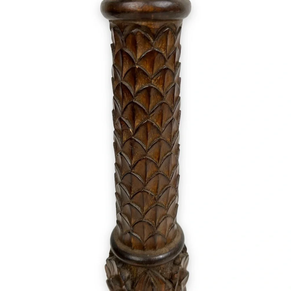 Candle Stick Holders Set of 2 Wooden Hand Carved Vintage Leaf Decor